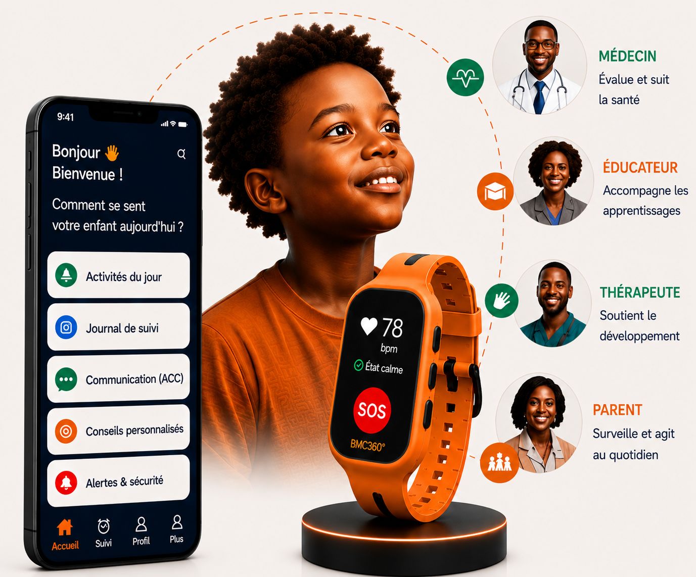 Écosystème 360° NeuroConnect — parent, enfant, spécialiste, école, communauté connectés