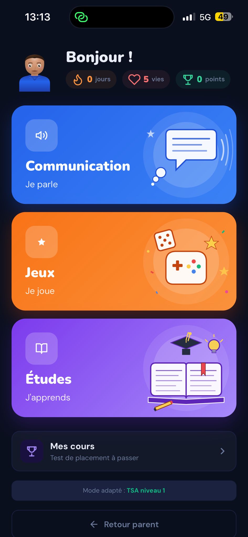 Mode Enfant — Avatar bienveillant et interface adaptée