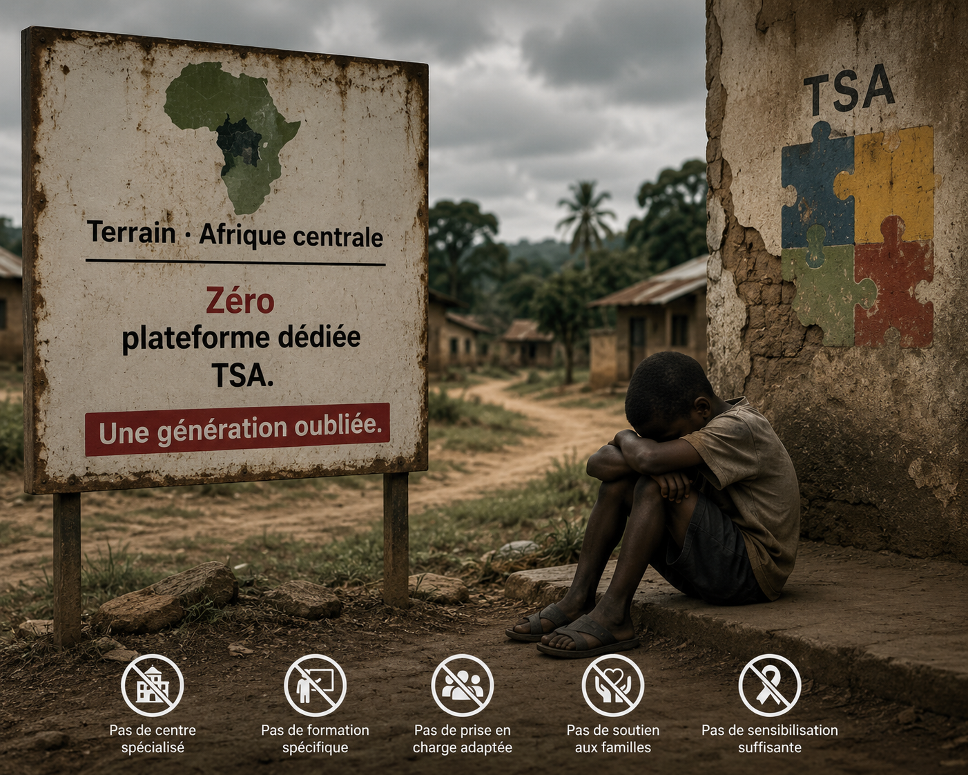 Terrain Afrique centrale — Zéro plateforme dédiée TSA, une génération oubliée. Pas de centre spécialisé, pas de formation, pas de prise en charge, pas de soutien aux familles, pas de sensibilisation.
